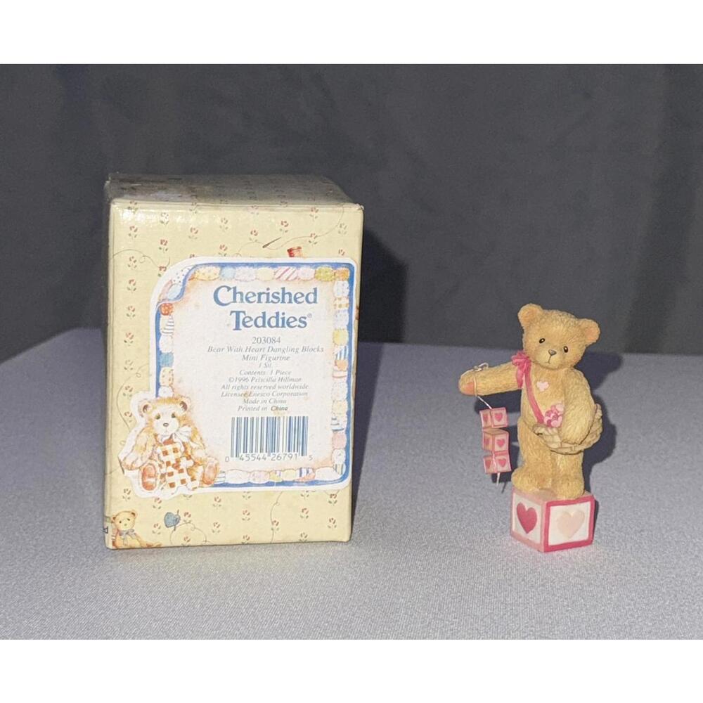 Cherished Teddies Bear With Heart Dangling Blocks Mini Figurine #203084 1996 Vtg